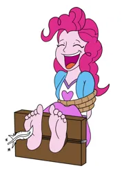 Size: 516x667 | Tagged: safe, artist:irkingir, derpibooru import, pinkie pie, equestria girls, g4, barefoot, bondage, cute, diapinkes, eyes closed, feather, feet, fetish, foot fetish, foot focus, image, laughing, magic, open mouth, png, rope, simple background, soles, stocks, telekinesis, tickle torture, tickling, tied up, white background