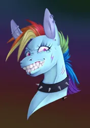 Size: 1446x2039 | Tagged: safe, artist:natt333, derpibooru import, rainbow dash, pegasus, pony, g4, bust, choker, ear piercing, earring, image, industrial piercing, jewelry, lip piercing, piercing, png, portrait, punk, snarling, solo, spiked choker, teeth