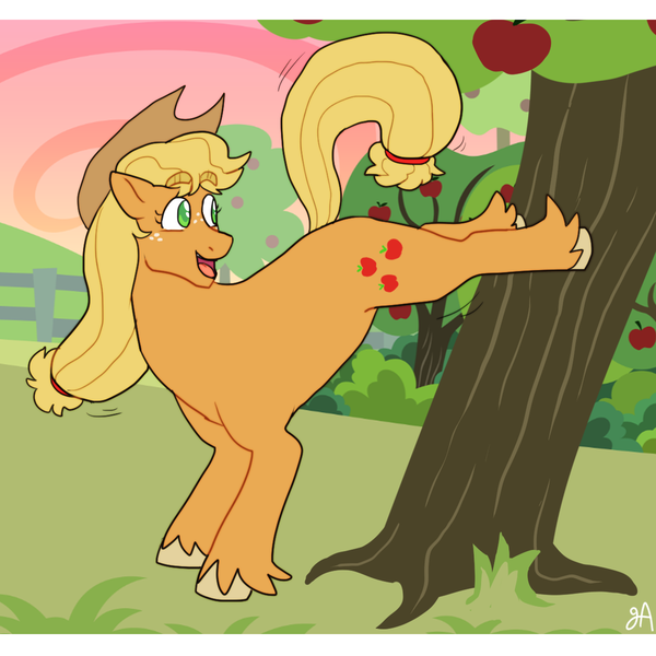 Size: 1200x1200 | Tagged: safe, artist:greenarsonist, derpibooru import, applejack, earth pony, pony, g4, apple, apple tree, applebucking, applejack's hat, bucking, cowboy hat, food, freckles, hat, image, png, smiling, solo, tree, unshorn fetlocks