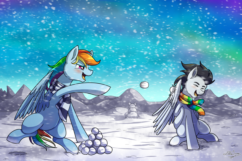 Size: 3000x2000 | Tagged: safe, artist:littletigressda, derpibooru import, rainbow dash, soarin', pegasus, pony, g4, clothes, female, high res, image, male, mare, png, scarf, snow, snowball, snowball fight, snowfall, stallion, striped scarf