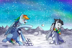 Size: 3000x2000 | Tagged: safe, artist:littletigressda, derpibooru import, rainbow dash, soarin', pegasus, pony, g4, clothes, female, high res, image, male, mare, png, scarf, snow, snowball, snowball fight, snowfall, stallion, striped scarf