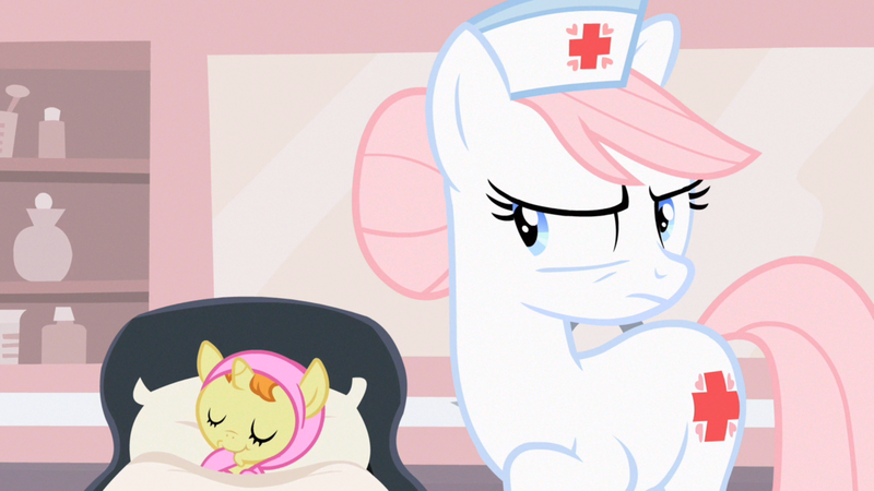 Size: 1920x1080 | Tagged: safe, derpibooru import, screencap, nurse redheart, pumpkin cake, earth pony, pony, unicorn, baby cakes, g4, season 2, baby, eyes closed, female, hat, image, mare, nurse hat, png, smiling, tired