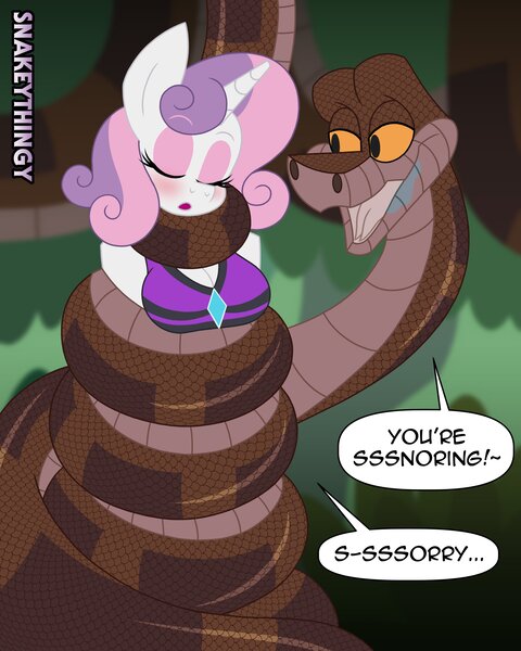 Size: 3200x4000 | Tagged: safe, artist:snakeythingy, derpibooru import, sweetie belle, anthro, python, snake, unicorn, g4, bare shoulders, bikini, bikini top, blushing, bondage, bound, breasts, busty sweetie belle, clothes, coiling, coils, crossover, cute, cutie mark, disney, drool, eyelashes, eyes closed, eyeshadow, hypnosis, hypnotized, image, imminent vore, jpeg, kaa, makeup, older, older sweetie belle, open mouth, peril, rarity's purple bikini, scales, signature, sleeping, snoring, speech bubble, story included, swimsuit, the jungle book