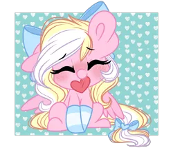 Size: 2485x2136 | Tagged: safe, artist:emberslament, derpibooru import, oc, oc:bay breeze, unofficial characters only, pegasus, pony, blushing, bow, chibi, clothes, cute, eyes closed, female, hair bow, heart, high res, hnnng, image, mare, mouth hold, ocbetes, one ear down, pegasus oc, png, simple background, sitting, socks, solo, striped socks, tail, tail bow, transparent background, weapons-grade cute, wings