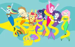 Size: 1228x780 | Tagged: suggestive, artist:meierus, derpibooru import, applejack, fluttershy, pinkie pie, rainbow dash, rarity, sci-twi, sunset shimmer, twilight sparkle, mermaid, equestria girls, g4, big breasts, bra, breasts, clothes, crossover, fish tail, humane five, humane seven, humane six, image, mermaid tail, mermaidized, mermarity, png, scared, seashell, seashell bra, species swap, tail, the little mermaid, transformation, underwear