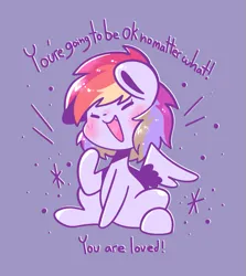 Size: 959x1075 | Tagged: safe, artist:support-ponies, artist:typhwosion, derpibooru import, rainbow dash, pegasus, pony, g4, blushing, dialogue, eyes closed, female, image, mare, motivational, open mouth, open smile, png, positive ponies, purple background, requested art, simple background, sitting, smiling, solo