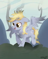 Size: 2160x2660 | Tagged: safe, artist:ponerino, derpibooru import, derpy hooves, pegasus, pony, g4, the last roundup, colored, commission, cute, derpabetes, digital art, female, high res, i just don't know what went wrong, image, jpeg, mare, open mouth, open smile, scene interpretation, smiling, smoke, solo, spread wings, standing on two hooves, wings