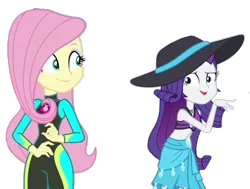 Size: 952x720 | Tagged: safe, derpibooru import, edit, edited screencap, screencap, fluttershy, rarity, equestria girls, equestria girls series, g4, too hot to handle, background removed, belly button, bikini, bikini top, clothes, duo, duo female, female, fluttershy's wetsuit, hat, image, midriff, my little pony equestria girls: better together, not a vector, open mouth, open smile, png, rarity's blue sarong, rarity's purple bikini, sarong, simple background, smiling, sun hat, swimsuit, transparent background, wetsuit