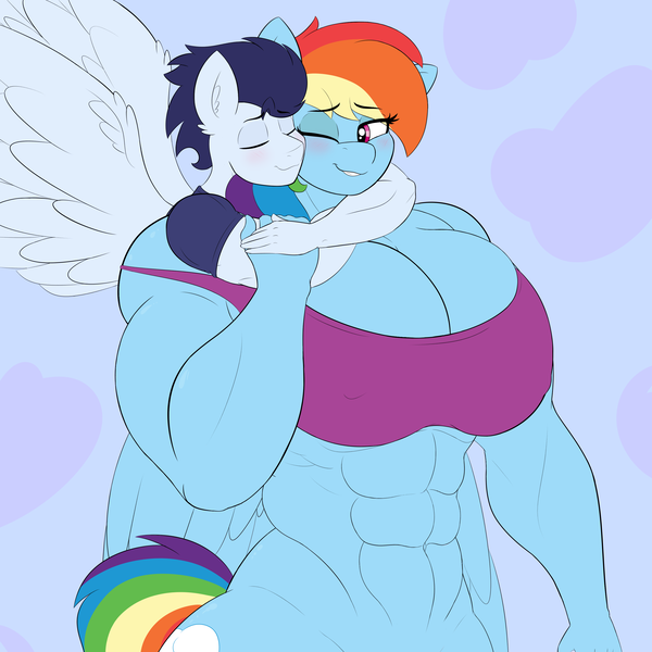 Size: 3000x3000 | Tagged: questionable, artist:astrum, derpibooru import, rainbow dash, soarin', anthro, g4, abs, amazon, arms around neck, belly button, biceps, big breasts, blushing, bottomless, breasts, busty rainbow dash, cleavage, clothes, cuddling, deltoids, digital art, erect nipples, eyes closed, female, happy, height difference, high res, holding hands, hug, image, larger female, looking sideways, male, muscles, muscular female, muscular male, nipple outline, nudity, one eye closed, partial nudity, pecs, png, rainbuff dash, romantic, shipping, shirt, size difference, smaller male, smiling, soarindash, sports bra, straight, tight clothing, wholesome, wings