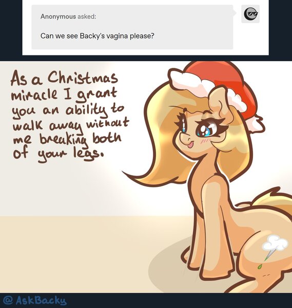 Size: 1280x1350 | Tagged: suggestive, artist:slavedemorto, derpibooru import, oc, oc:backy, unofficial characters only, earth pony, pony, ask backy, ask, christmas, dialogue, female, hat, holiday, image, jpeg, mare, open mouth, open smile, santa hat, sitting, smiling, solo, solo female, threat