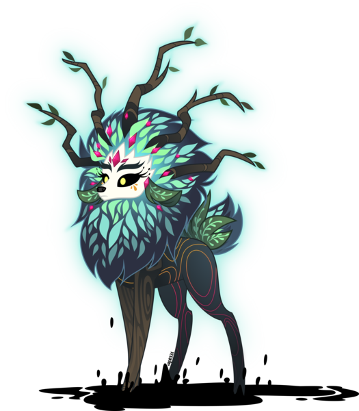 Size: 3501x4000 | Tagged: safe, artist:orin331, derpibooru import, gaea everfree, deer, dryad, pony, equestria girls, g4, antlers, beast, branches for antlers, bushy brows, creepy, female, glow, glowing eyes, high res, image, implied great seedling, leaves, magic, magic aura, monster, mud, my little pony equestria girls: legend of everfree, png, quadrupedal, real gaea everfree, simple background, species swap, tar, transparent background