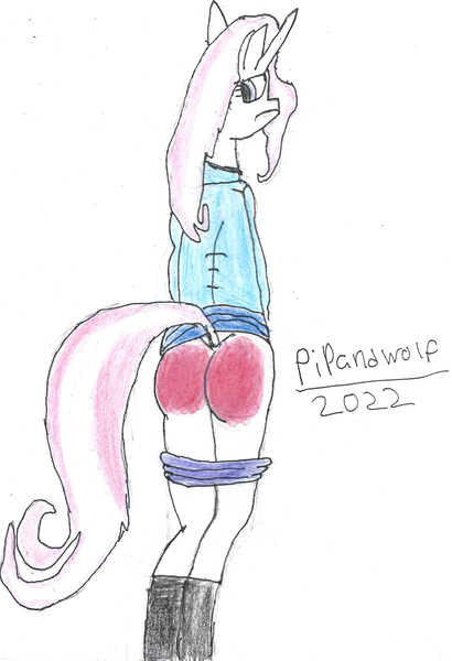 Size: 2013x2943 | Tagged: suggestive, artist:pipandwolf, derpibooru import, fleur-de-lis, anthro, unicorn, g4, abuse, ass, butt, butt blush, clothes, female, frown, high res, image, jpeg, reddened butt, solo, solo female, spanked, traditional art