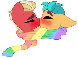 Size: 900x671 | Tagged: safe, artist:rozyfly10, derpibooru import, hitch trailblazer, sprout cloverleaf, earth pony, pony, g5, my little pony: a new generation, best friends, blushing, boop, clothes, duo, duo male, gay, head only, image, kissing, male, my little pony best gift ever, nose kiss, noseboop, png, scarf, shared clothing, shared scarf, ship:clovertrail, shipping, simple background, smiling, stallion, striped scarf, transparent background