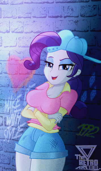 Size: 1292x2180 | Tagged: safe, artist:theretroart88, derpibooru import, rarity, equestria girls, g4, alternate hairstyle, backwards ballcap, baseball cap, breasts, busty rarity, cap, clothes, crossed arms, disguise, female, hat, image, looking at you, open mouth, open smile, plainity, png, shirt, shorts, smiling, solo, stupid sexy rarity