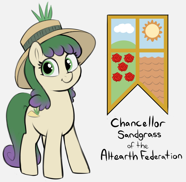 Size: 1970x1932 | Tagged: safe, artist:heretichesh, derpibooru import, oc, oc:chancellor sandgrass, unofficial characters only, earth pony, pony, colored, female, flag, hat, image, looking at you, mare, png, simple background, solo, sun hat