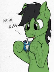 Size: 720x960 | Tagged: safe, artist:sefastpone, derpibooru import, soarin', thunderlane, oc, oc:anon stallion, earth pony, pony, g4, black hair, black mane, clothes, colored sketch, figurine, gay, green coat, green eyes, image, male, now kiss, png, ponies playing with ponies, shipper on deck, shipping, soarilane, speech, stallion, talking, uniform, wonderbolts, wonderbolts uniform