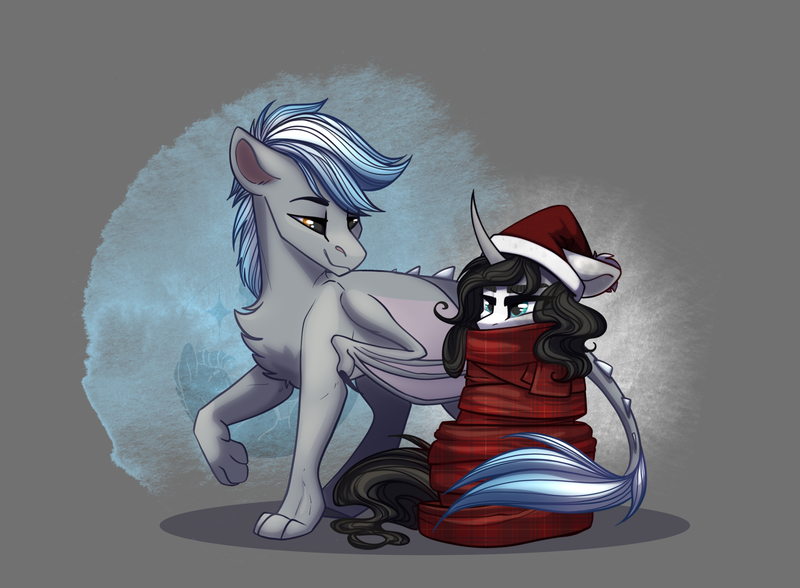 Size: 2271x1668 | Tagged: safe, artist:alrumoon_art, derpibooru import, oc, oc:chain lightning, oc:fume hood, unofficial characters only, dracony, dragon, hybrid, pony, unicorn, abstract background, chainume, christmas, clothes, duo, hat, holiday, image, png, santa hat, scarf