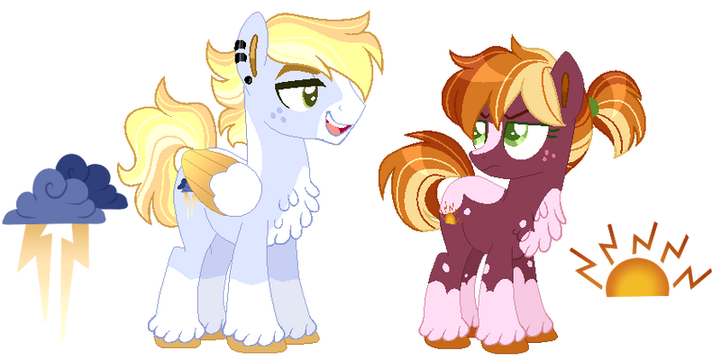 Size: 800x400 | Tagged: safe, artist:artistcoolpony, derpibooru import, oc, oc:sunny harvest, oc:thunderclap, unofficial characters only, earth pony, pegasus, pony, blaze (coat marking), brother and sister, chest fluff, coat markings, colored pupils, colored wings, colored wingtips, duo, ear piercing, earring, earth pony oc, facial markings, female, folded wings, freckles, frown, full body, green eyes, image, jewelry, looking at each other, looking at someone, male, mare, multicolored mane, multicolored tail, offspring, open mouth, open smile, parent:big macintosh, parent:rainbow dash, parents:rainbowmac, pegasus oc, piercing, png, ponytail, siblings, simple background, smiling, socks (coat marking), stallion, standing, tail, transparent background, unshorn fetlocks, wall of tags, wings