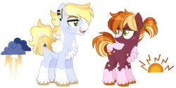 Size: 800x400 | Tagged: safe, artist:artistcoolpony, derpibooru import, oc, oc:sunny harvest, oc:thunderclap, unofficial characters only, earth pony, pegasus, pony, blaze (coat marking), brother and sister, chest fluff, coat markings, colored pupils, colored wings, colored wingtips, duo, ear piercing, earring, earth pony oc, facial markings, female, folded wings, freckles, frown, full body, green eyes, image, jewelry, looking at each other, looking at someone, male, mare, multicolored mane, multicolored tail, offspring, open mouth, open smile, parent:big macintosh, parent:rainbow dash, parents:rainbowmac, pegasus oc, piercing, png, ponytail, siblings, simple background, smiling, socks (coat marking), stallion, standing, tail, transparent background, unshorn fetlocks, wall of tags, wings