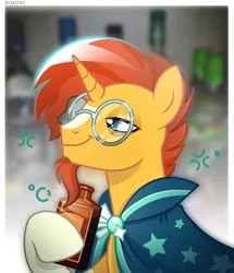 Size: 1343x1562 | Tagged: safe, artist:scarffist, derpibooru import, sunburst, pony, unicorn, g4, alcohol, base used, beard, blue eyes, bottle, clothes, drink, drunk, drunk bubbles, emanata, facial hair, glasses, horn, image, light skin, male, png, red hair, red mane, smiling, solo, whiskey