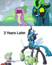 Size: 720x900 | Tagged: safe, derpibooru import, edit, edited screencap, editor:zcord, screencap, queen chrysalis, spike, changeling, changeling queen, dragon, g4, the ending of the end, abuse, cape, clothes, comic, fangs, female, horn, image, op is on drugs, png, prediction, screencap comic, spikeabuse, sword, time skip, timeskip, toy, weapon, wheel, wings