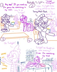 Size: 4779x6013 | Tagged: safe, artist:adorkabletwilightandfriends, derpibooru import, spike, starlight glimmer, twilight sparkle, twilight sparkle (alicorn), oc, oc:pinenut, alicorn, cat, dragon, pony, unicorn, comic:adorkable twilight and friends, g4, adorkable, adorkable twilight, bed, bedroom, book, comic, couch, curtains, cute, dork, exercise, female, humor, image, living room, lying down, male, mare, png, rain, reading, slice of life, smartass, window