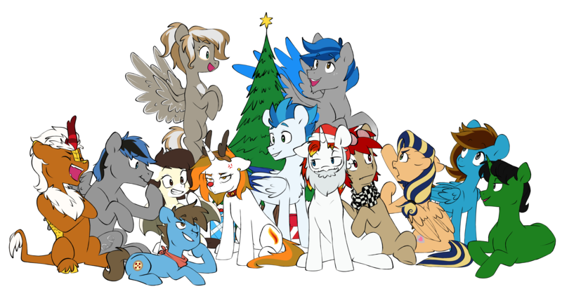 Size: 7083x3645 | Tagged: safe, artist:chub-wub, derpibooru import, oc, oc:aurora shinespark, oc:penstroke, oc:verdant pyre, unofficial characters only, earth pony, kirin, pegasus, pony, unicorn, animal costume, annoyed, antlers, christmas, christmas tree, clothes, costume, cross-popping veins, ear piercing, earring, holiday, image, jewelry, no source available, piercing, png, reindeer antlers, reindeer costume, scarf, simple background, transparent background, tree