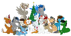 Size: 7083x3645 | Tagged: safe, artist:chub-wub, derpibooru import, oc, oc:aurora shinespark, oc:penstroke, oc:verdant pyre, unofficial characters only, earth pony, kirin, pegasus, pony, unicorn, animal costume, annoyed, antlers, christmas, christmas tree, clothes, costume, cross-popping veins, ear piercing, earring, holiday, image, jewelry, no source available, piercing, png, reindeer antlers, reindeer costume, scarf, simple background, transparent background, tree