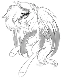 Size: 2373x3005 | Tagged: safe, artist:beamybutt, derpibooru import, oc, unofficial characters only, pegasus, pony, colored wings, ear piercing, eyelashes, female, grayscale, high res, image, mare, monochrome, pegasus oc, piercing, png, simple background, solo, two toned wings, white background, wings