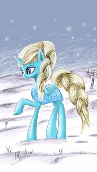 Size: 3240x5760 | Tagged: safe, artist:battyboopers, artist:staremastershy, derpibooru import, ponified, pony, unicorn, atg 2014, elsa, female, frozen (movie), image, mare, outdoors, png, raised hoof, snow, solo