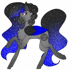 Size: 1500x1500 | Tagged: safe, artist:teonnakatztkgs, derpibooru import, oc, unofficial characters only, pegasus, pony, chest fluff, colored wings, ethereal mane, eyelashes, image, jpeg, makeup, pegasus oc, raised hoof, simple background, smiling, solo, starry mane, two toned wings, white background, wings