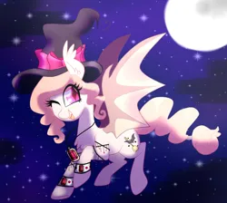 Size: 1713x1533 | Tagged: safe, artist:kaikururu, derpibooru import, oc, unofficial characters only, bat pony, pony, bat pony oc, bat wings, chest fluff, female, flying, full moon, hat, image, jpeg, mare, moon, night, one eye closed, solo, stars, wings, wink, witch hat