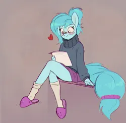 Size: 761x743 | Tagged: safe, artist:rexyseven, derpibooru import, oc, oc:whispy slippers, unofficial characters only, anthro, plantigrade anthro, blushing, clothes, female, glasses, heart, image, png, ponytail, shoe dangling, skirt, slippers, smiling, socks, solo, sweater, turtleneck