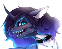 Size: 2000x1600 | Tagged: safe, artist:miurimau, derpibooru import, oc, unofficial characters only, pony, unicorn, bust, collar, horn, image, png, sharp teeth, simple background, smiling, solo, teeth, tongue out, unicorn oc, white background