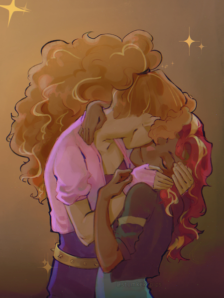 Size: 1500x2000 | Tagged: safe, artist:stummm, derpibooru import, adagio dazzle, sunset shimmer, equestria girls, g4, female, hug, image, jpeg, kiss on the cheek, kissing, lesbian, ship:sunsagio, shipping