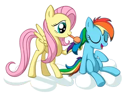 Size: 798x600 | Tagged: safe, artist:reconprobe, ponerpics import, fluttershy, rainbow dash, pegasus, pony, brushing, cloud, female, filly, filly fluttershy, filly rainbow dash, image, png, simple background, transparent background, younger, ⠀