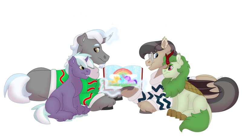 Size: 1280x732 | Tagged: safe, artist:itstechtock, derpibooru import, oc, oc:emerald grove, oc:gilded leaf, oc:polished lance, oc:waxing lyrical, unofficial characters only, bat pony, kirin, pony, colt, female, foal, image, lying down, male, png, prone, simple background, stallion, transparent background