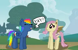 Size: 1280x828 | Tagged: safe, alternate version, artist:alyssafire, derpibooru import, fluttershy, rainbow dash, bat pony, pony, bats!, g4, secrets and pies, sonic rainboom (episode), bat ponified, evil pie hater dash, flutterbat, image, jpeg, parody, ponyville, race swap, role reversal, scene parody, shadow, smiling, text, yay