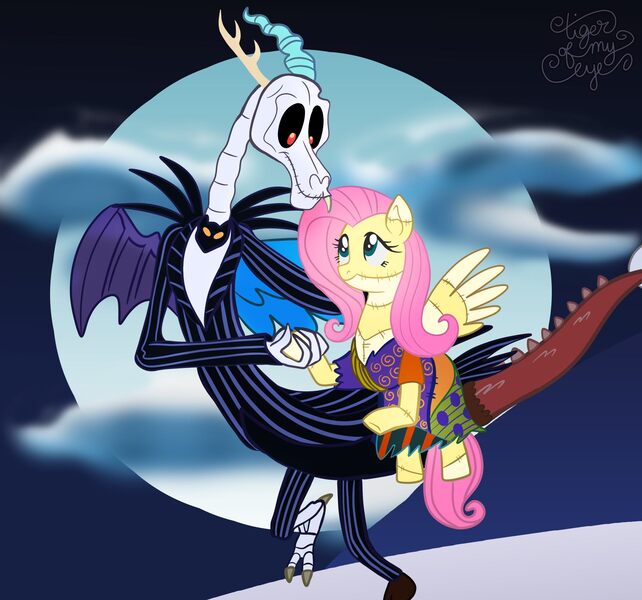 Size: 1808x1689 | Tagged: safe, artist:tiger-of-my-eye, derpibooru import, discord, fluttershy, draconequus, pegasus, pony, g4, bone, discoshy, female, halloween, holiday, image, jack skellington, jpeg, male, moon, polka dots, sally skellington, shipping, signature, skeleton, straight, the nightmare before christmas