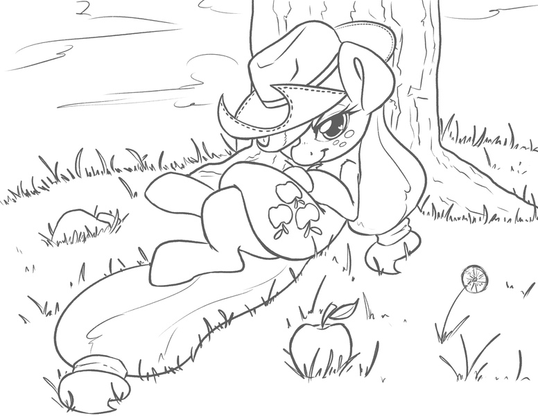 Size: 3300x2550 | Tagged: safe, artist:leadhooves, derpibooru import, applejack, earth pony, pony, g4, apple, applejack's hat, black and white, cowboy hat, crossed legs, female, food, grass, grayscale, hat, high res, image, jpeg, looking at you, lying down, mare, monochrome, on back, smiling, smiling at you, solo, tree