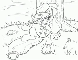 Size: 3300x2550 | Tagged: safe, artist:leadhooves, derpibooru import, applejack, earth pony, pony, g4, apple, applejack's hat, black and white, cowboy hat, crossed legs, female, food, grass, grayscale, hat, high res, image, jpeg, looking at you, lying down, mare, monochrome, on back, smiling, smiling at you, solo, tree