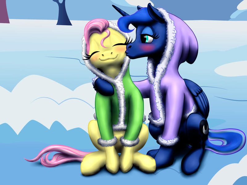 Size: 1600x1200 | Tagged: safe, artist:vasillium, derpibooru import, fluttershy, princess luna, alicorn, pegasus, pony, g4, blushing, clothes, duo, duo female, female, hoodie, image, kiss on the cheek, kissing, lesbian, mare, png, ship:lunashy, shipping, sitting, snow, winter