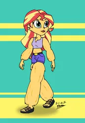 Size: 1024x1483 | Tagged: safe, artist:tmntsam, derpibooru import, sunset shimmer, human, equestria girls, g4, alternate universe, belt, clothes, feet, female, fur, furry human, image, jpeg, sandals, shorts, solo, tanktop