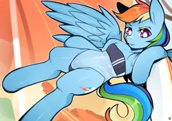 Size: 7016x4961 | Tagged: safe, artist:sugarelement, derpibooru import, rainbow dash, pegasus, pony, semi-anthro, g4, arm hooves, beach, clothes, female, flying, gris swimsuit, image, one-piece swimsuit, png, see-through, solo, swimsuit