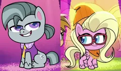 Size: 1200x700 | Tagged: safe, derpibooru import, edit, edited screencap, screencap, buttershy, earth pony, pegasus, pony, g4, my little pony: pony life, pie vs. pie, spoiler:pony life s01e23, beanie, butavio, clothes, cropped, female, glasses, hat, image, male, mare, necktie, octavio pie, png, scarf, shipping, shipping domino, sportacular spectacular musical musak-ular, spotlight, stallion, straight, we shine brighter together