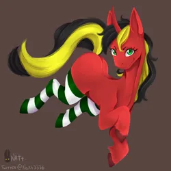 Size: 1446x1446 | Tagged: safe, artist:natt333, derpibooru import, oc, unofficial characters only, pony, unicorn, brown background, clothes, digital art, horn, image, jumping, looking at you, png, simple background, smiling, smiling at you, socks, solo, striped socks, unicorn oc