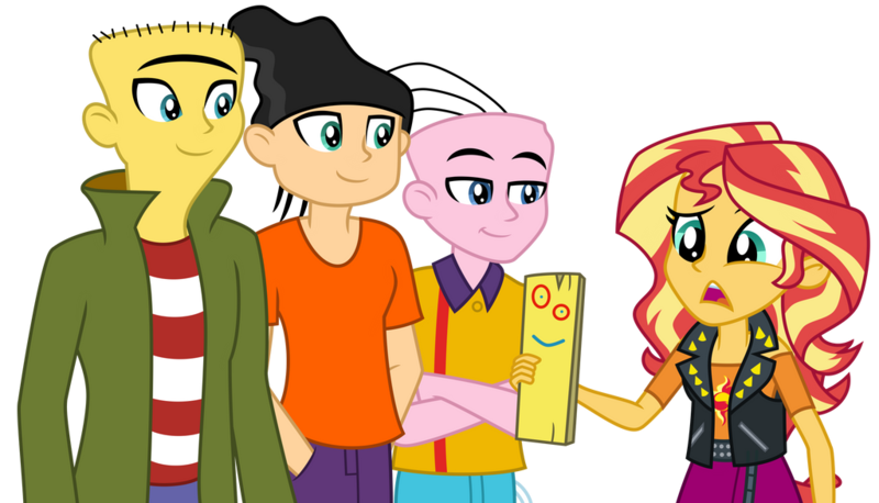 Size: 1024x586 | Tagged: safe, artist:emeraldblast63, derpibooru import, sunset shimmer, equestria girls, g4, clothes, crossover, ed edd n eddy, equestria girls-ified, female, image, male, plank (ed edd n eddy), png, simple background, transparent background, vest