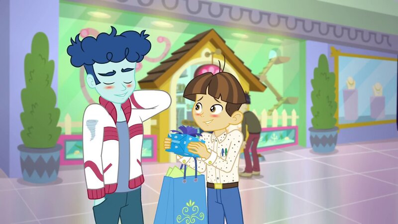 Size: 1280x720 | Tagged: safe, derpibooru import, screencap, cranky doodle donkey, curly winds, some blue guy, wiz kid, human, equestria girls, g4, belt, blushing, canterlot mall, clothes, dashing through the mall, equestria girls specials, eyes closed, gay, hand in pocket, image, jpeg, male, my little pony equestria girls: better together, my little pony equestria girls: holidays unwrapped, pants, ship:wizwinds, shipping, smiling