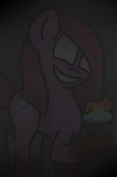 Size: 680x1024 | Tagged: semi-grimdark, artist:kb-gamerartist, derpibooru import, pinkie pie, earth pony, pony, fanfic:cupcakes, g4, blood, cupcake, deviantart watermark, evil grin, female, food, grin, image, implied murder, implied rainbow dash, jpeg, mare, obtrusive watermark, pinkamena diane pie, rainbow cupcake, smiling, solo, watermark