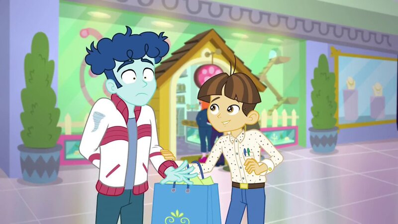 Size: 1200x675 | Tagged: safe, derpibooru import, screencap, curly winds, some blue guy, wiz kid, human, equestria girls, g4, arm behind back, clothes, dashing through the mall, equestria girls specials, gay, hand, image, jacket, jpeg, male, my little pony equestria girls: better together, my little pony equestria girls: holidays unwrapped, pants, ship:wizwinds, shipping